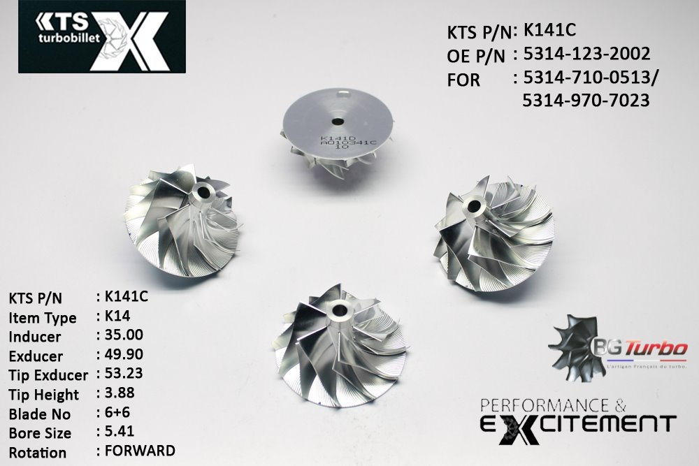 Turbo ROUE FORGÉE MFS PERFORMANCE - 6+6 PALES - INDUCER : 35 - EXDUCER : 49,9 - TYPE : K14ANGLE : 80° - ROTATION : Forward - SUPER BACK : -0,04 - BORE SIZE : 5,41
